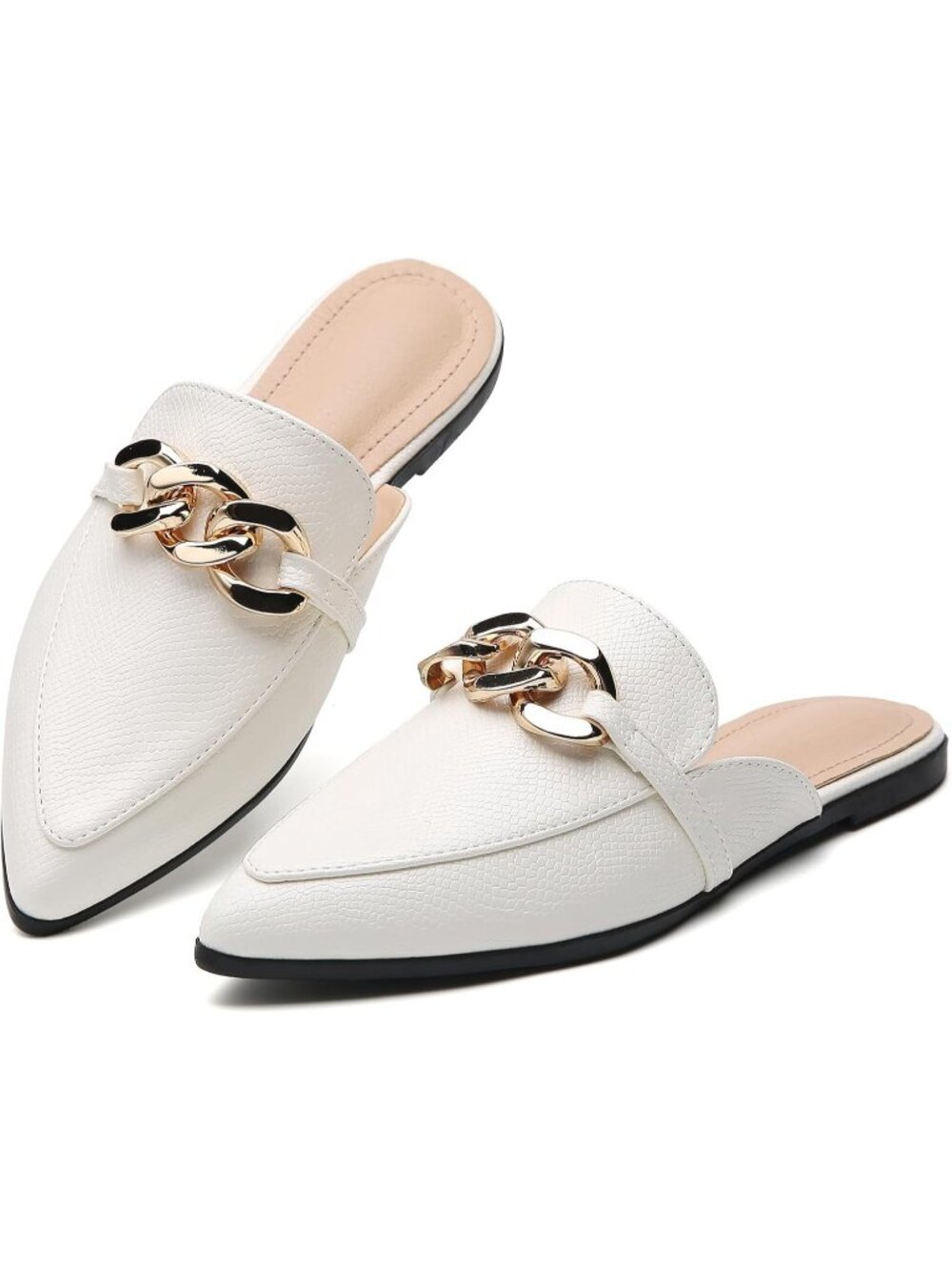 Women's Snake White Closed Pointed Toe Slip on Loafers Slide Backless Mule Shoes